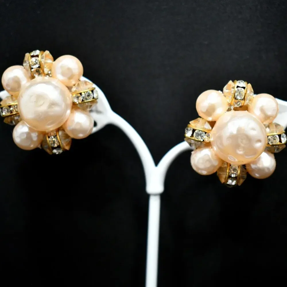 Vintage Lisner Pink Faux Pearl Rhinestone Earrings, Clip-On, Mid-Century, 1950s